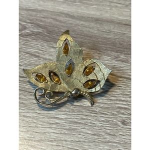 VTG Signed Golden Butterfly Brooch with Amber Color Rhinestones by J.J.